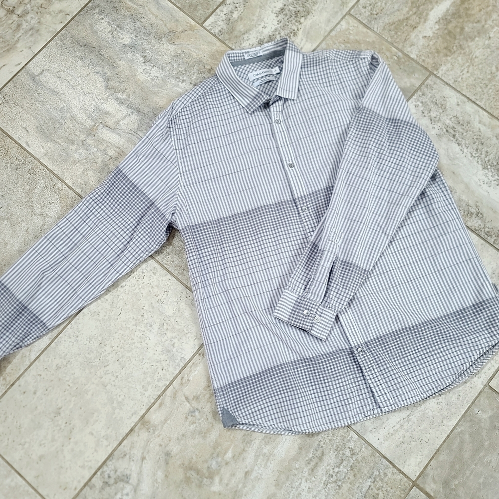Calvin Klein; Check Striped Button Down Shirt Top- Grey and White